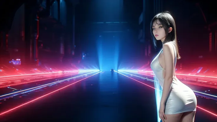 donmh010d15pl4y, cyberpunk city street. (((1girl, solo, alone))), blue holographic portrait, large-breast:1.2 slim:0.6 body, sli...