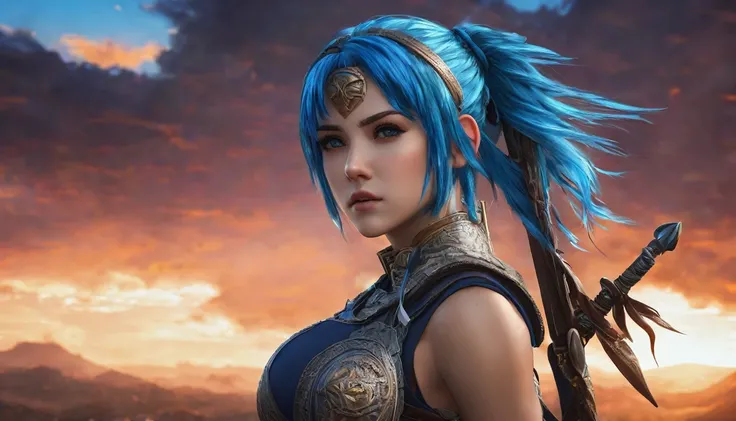 Warrior girl, blue hair, 8k, hdr, detailed background, digital art, ultra-detailed, 