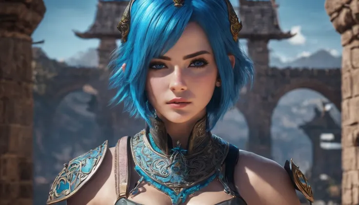 Warrior girl, blue hair, 8k, hdr, detailed background, ultra-detailed, 