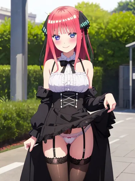 best quality, insanely detailed, nino nakano, breasts, blush, outdoor background, bare-shoulder, looking at viewer, garter strap, a black ribbon, stockings, pussy, smile, super mini skirt, garterbelt