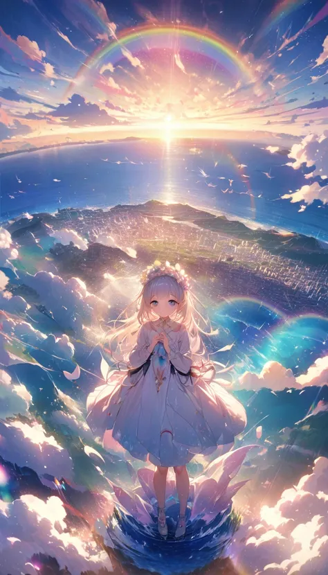 Angelic, Detailed landscape, sunrise, rainbow, After the Rain, horizon, In the sky, Ocean , Lens flare, colorful, An atmosphere full of dreams and hope，masterpiece．16K, Ultra-high resolution, to be born,wonderful ,future、rainbow色の、The world 30 years from n...