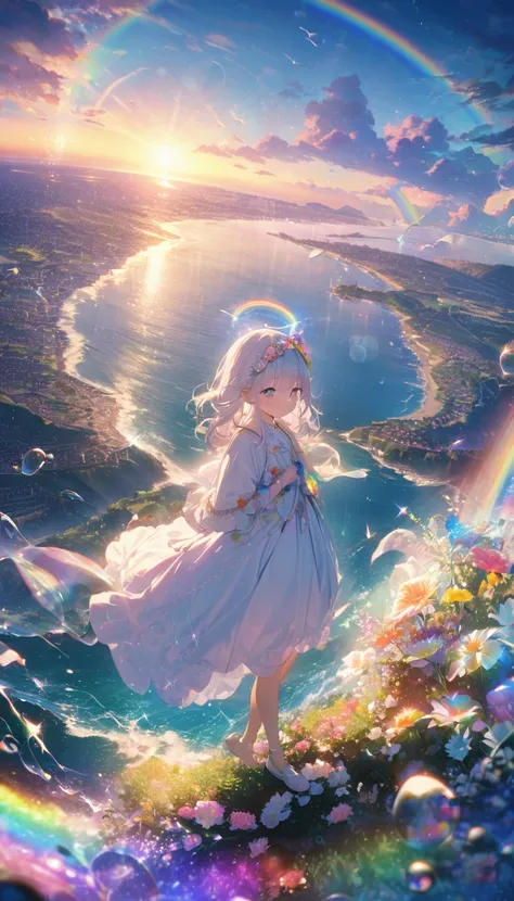 Angelic, Detailed landscape, sunrise, rainbow, After the Rain, horizon, In the sky, Ocean , Lens flare, colorful, An atmosphere full of dreams and hope，masterpiece．16K, Ultra-high resolution, to be born,wonderful ,future、rainbow色の、The world 30 years from n...