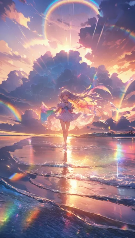 Angelic, Detailed landscape, sunrise, rainbow, After the Rain, horizon, In the sky, Ocean , Lens flare, colorful, An atmosphere full of dreams and hope，masterpiece．16K, Ultra-high resolution, to be born,wonderful ,future、rainbow色の、The world 30 years from n...