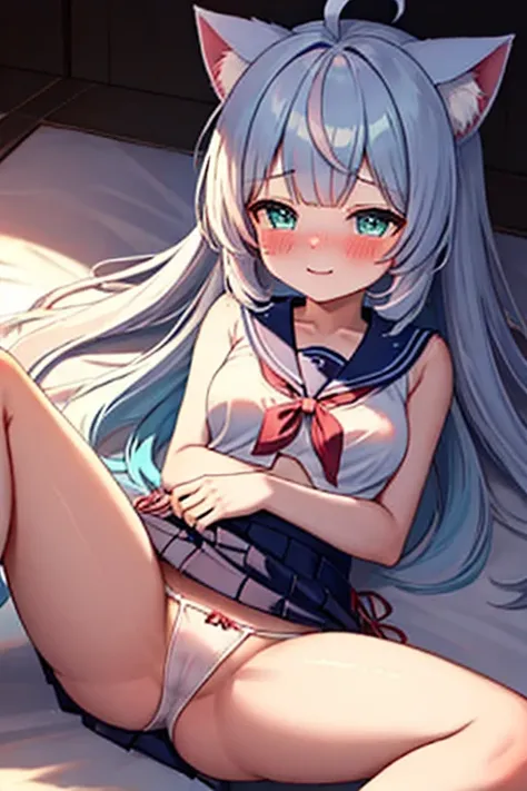 masterpiece, best quality, partially unbuttoned, loli, kawaii, long hair, ahoge, beautiful detailed eyes, aqua eyes, eyeball, heart in eye, cat_ears, seductive smile, nose blush , shy, blush, endured_face, medium breasts, sailor shirt, bare legs, no legwea...