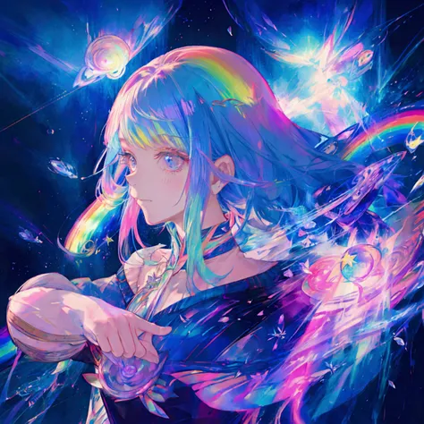 a pretty fairy with rainbow hair in a galactic rainbow universe with starry lined trails