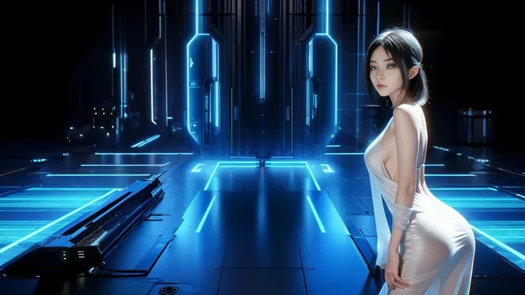 donmh010d15pl4y, cyberpunk city street. (((1girl, solo, alone))), blue holographic portrait, large-breast:1.2 slim:0.6 body, sli...