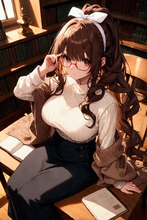 score_9, score_8_up, score_7_up, rating_safe, masterpiece, best quality, very aesthetic, absurdres, 1girl, solo, blacl hair, long hair, messy hair, bangs, hair over eyes, brown eyes, hariband, white hairband, red glasses, shawl, brown shawl, white sweater,...