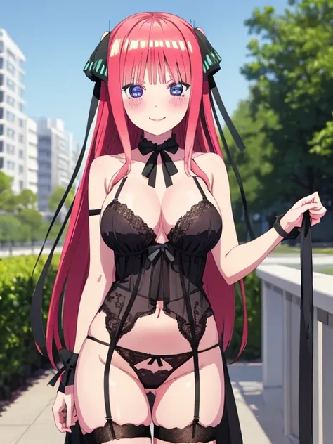 best quality, insanely detailed, nino nakano, breasts, blush, outdoor background, bare-shoulder, looking at viewer, garter strap, a black ribbon, stockings, pussy, smile, lingerie garterbelt