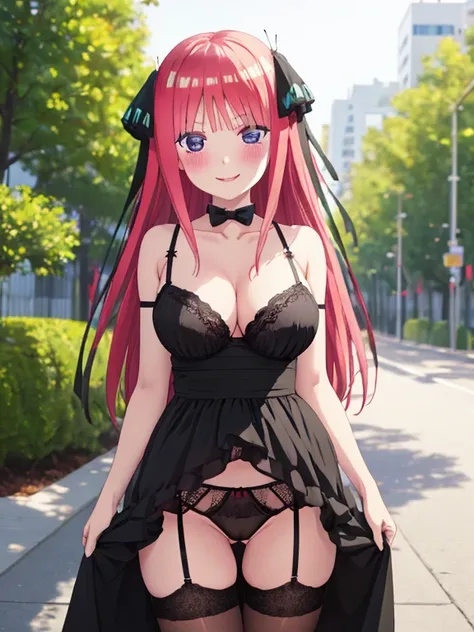 best quality, insanely detailed, nino nakano, breasts, blush, outdoor background, bare-shoulder, looking at viewer, garter strap, a black ribbon, stockings, pussy, smile, lingerie garterbelt