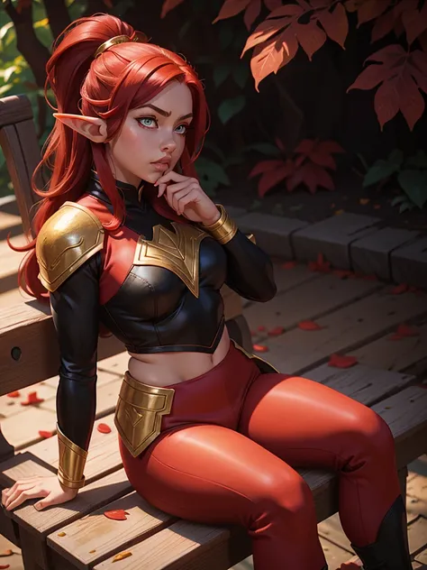 half-elf girl is sitting on an old bench vomiting hot lava, crimson hair, crimson eyes, red and black outfit with gold trim, black pants,