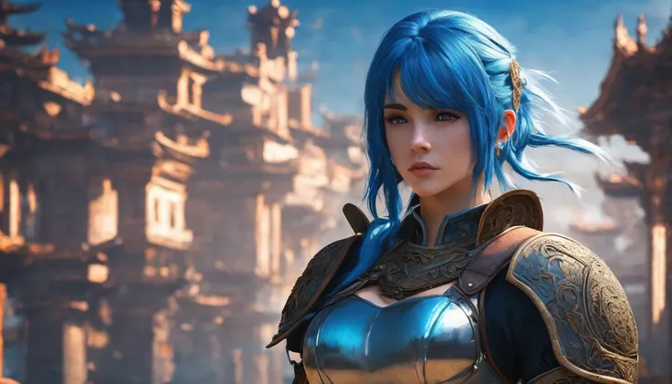 Warrior girl, blue hair, 8k, hdr, detailed background, ultra-detailed, 