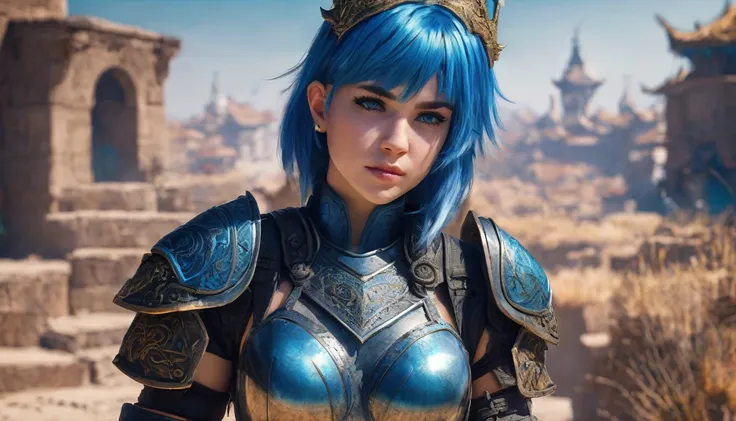 Warrior girl, blue hair, 8k, hdr, detailed background, ultra-detailed, 