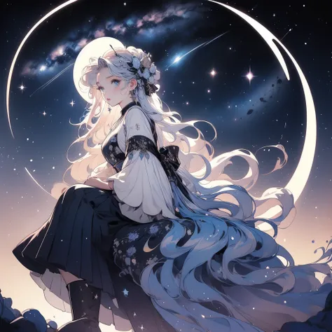 sitting on the crescent moon、Star Fairy、(masterpiece, best quality), 1girl, sitting on the crescent moon、「Beautifully printed Milky Way-style kimono and gothic lolita clothing.、Universe pattern box pleated mini skirt with ruffles、Front view portrait、Knee-h...