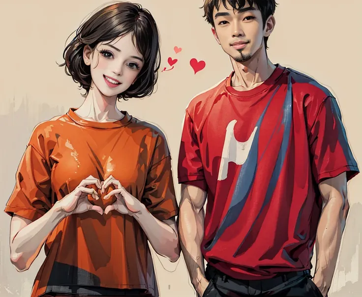 a cute girl wearing a red t-shirt and black short hair, smiling happily with her hands making heart symbols next to an asian man...