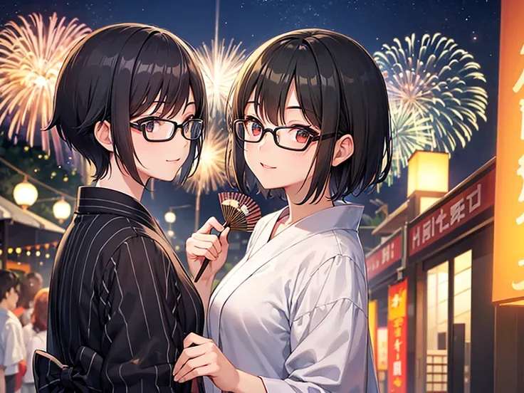 man、Black short hair、Glasses、yukata、festival、Fireworks display、Fan