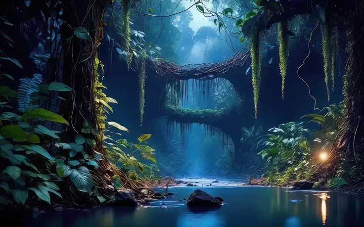 dark photorealistic densely forested jungle, hanging vines, blue light reflecting off of river with debris, jungle foliage, masterpiece professional photography, 8k, low shot,