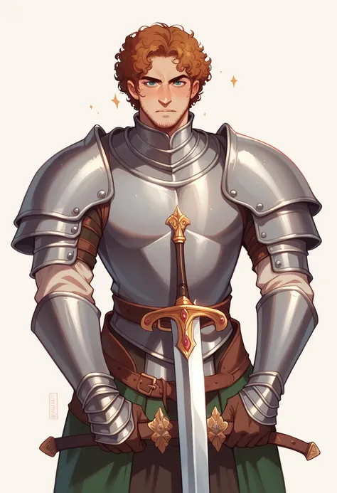 Man with curly hair, medieval armor with sword