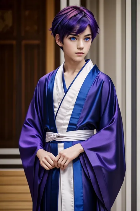 Boy short bright purple hair with royal blue eyes wearing a dark blue and silver kimono pretty thin and pale 