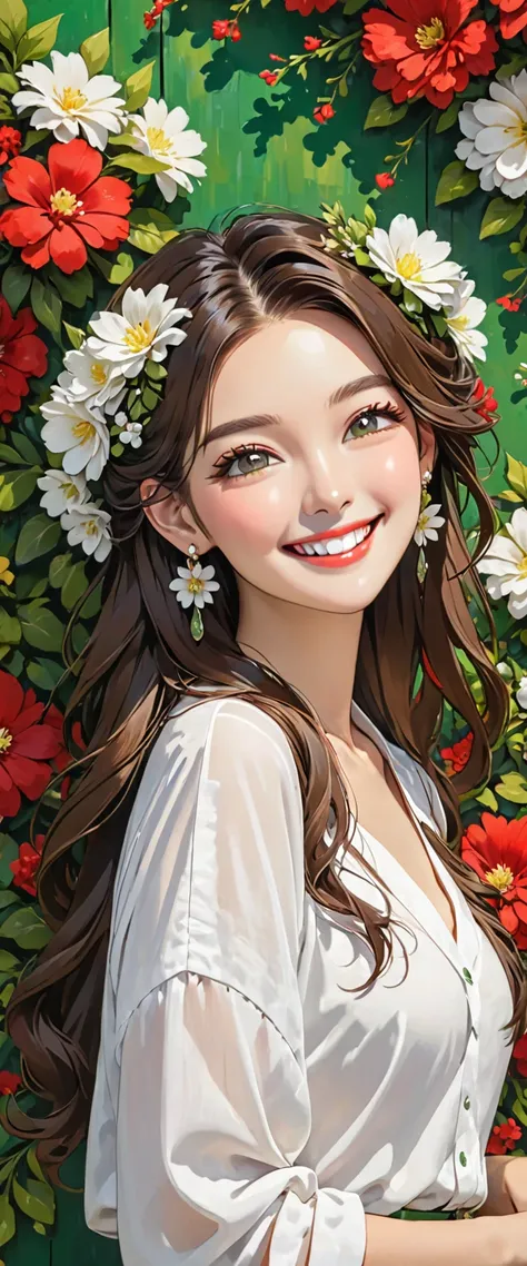 woman with White  shirt and White flower in hair in front of green flower wall, 1girl, solo, flower, jewelry, hair ornament, earrings, hair flower, red nails, smile, long hair