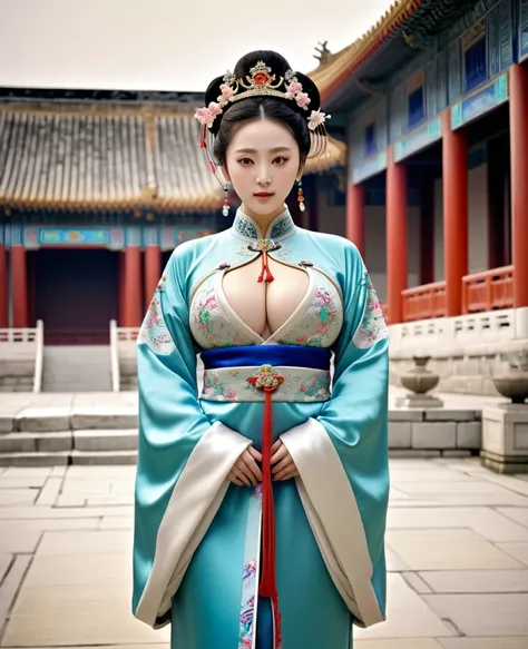 The Empress is standing with her large breasts, her hair is tied up and pulled up, and her lower abdomen is decorated with gorgeous flowers.、A perverted, erotic woman wearing the crown of a Qing Dynasty empress. The background is the stone paving of a Chin...