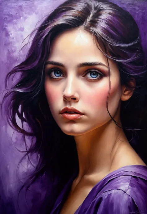 woman in oil painting.Very beautiful face.But with a sad look.Lovely eyes seem to know all the secrets.Turn around and face the deep purple mist in the distance in the picture.Go further and further Go further and further..