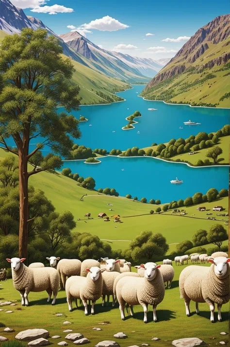 Many sheep in different vignettes without landscapes doing different activities in cartoon