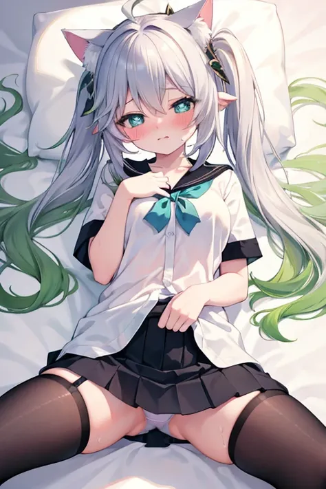 masterpiece, best quality, {{partially unbuttoned}}, loli, kawaii, long hair, ahoge, beautiful detailed eyes, aqua eyes, eyeball, heart in eye, cat_ears, nose blush , shy, blush, endured_face, medium breasts, sailor shirt, bare legs, no legwear, skirt lift...