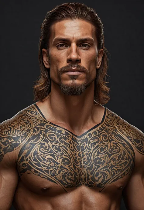 tall man, muscular, medieval tattoos, ultra detailed face, medium hair, brown hair, golden skin, masterpiece, best quality, extremely detailed, Hyper realistic, Photorealistic, 8k, 4k.