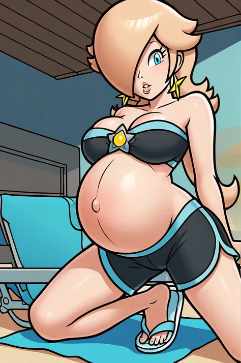 score_9, score_8_up, 1girl, solo, rosalina, style parody, thick outlines, black bikini, black shorts, pregnant belly, sleeveless, strapless, cleavage, indoors, beach, flip flops