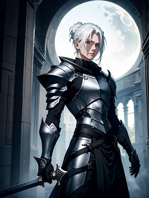 young man, white  hair, hair tied at the base of the neck, wearing black eclipse knight armor, carrying a grand black sword 