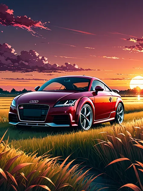 anime landscape of A pearl super maroon brown metalic pearl color classic Audi TT sport sits in a field of tall grass with a sunset in the background.beautiful anime scene, beautiful anime peace scene, Makoto Shinkai Cyril Rolando, beautiful anime scene, a...