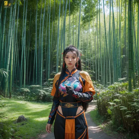 Bamboo forest Chinese architecture Photo close-up of the landscape, colorful vivid octane render, cybernetic and highly detailed, loba andrade from apex legends, created in unreal engine 5, made in unreal engine 5, trending on unreal engine 5, anfas portra...