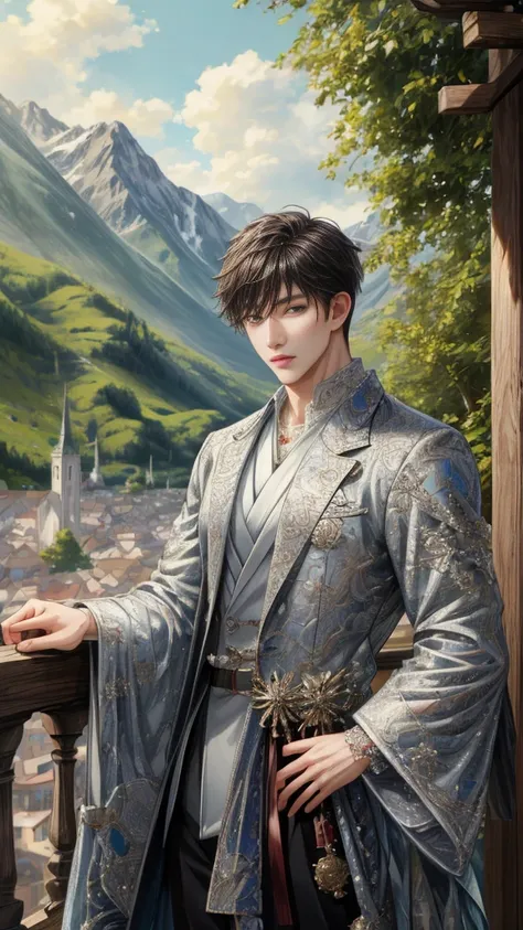 (absurdres, highres, ultra detailed, HDR), masterpiece, intricate, best quality, portrait of a character from Ikemen Shoujo Manga, a male idol in a detailed scenery town background 