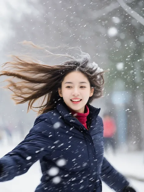 1girl,motion blur,snowstorm,floating hair,blurry_foreground,background blurring,