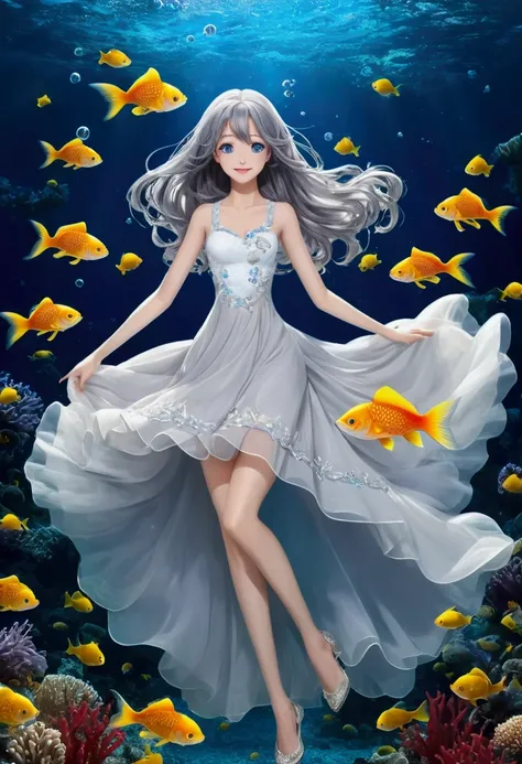 (The pieces fly), (Highest quality), Very detailed, 1 girl, Perfect Face, (Solo full body shot:1.3), Very detailed顔，(Gray-haired super long hair:1.5)，(blue eyes:1.4)，(Underwater:1.4)，(White Dress:1.5)，School of small fish，Light，bubble，jellyfish，Seaweed，dee...