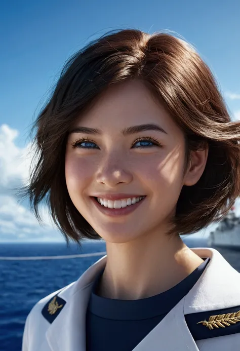 {{masterpiece, Best Quality, Extremely detailed CG, unity wallpaper 8k, cinematic lighting, }}, Sony α7, wide frame, South Pacific, during the war with the Asian powers, wind blowing on the Aegis ship, 1 girl, Whole body, smile, She is a sailor in the US N...