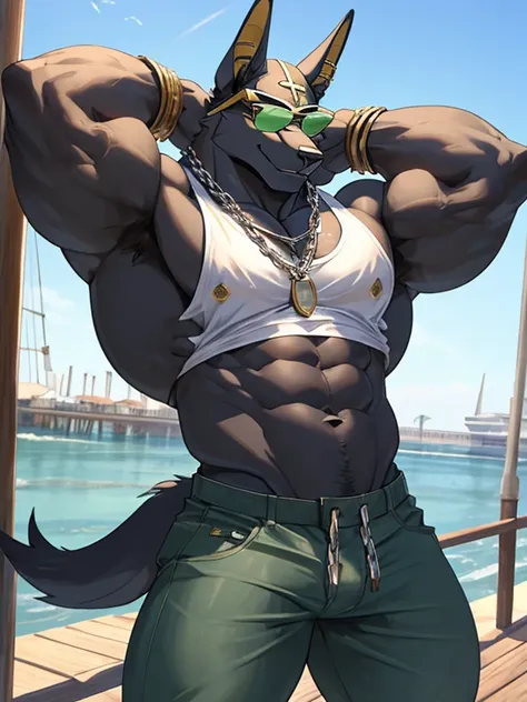 Anubian jackal, anubis, good looking, male, anthro, ultradetailed, muscular, solo, bareness, rippling muscles, muscles, pier background, tail, smiling, big pecs, looking at viewer, white tanktop pulled up behind head, ripped greyish-green pants, sunglasses...