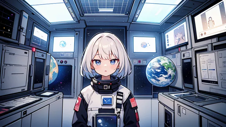 (masterpiece, best quality),1 woman, different hair colors, different faces,letterboxed, perfection of fashion,chapped lips, casual attire, upper body, While studying alone,looking at the earth,in space,Inside the space station, glass ceiling, glass walls,...