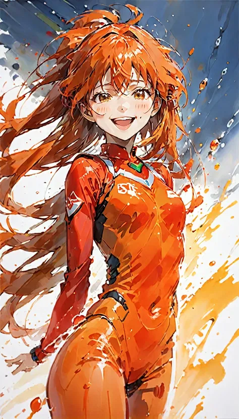 Portrait of Soryu Asuka Langley, Big smile, Orange and red palette, A splash of emotion, 