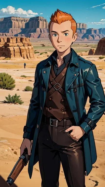 (Teens:1boy: Tintin,mike_cowboy), (extremely detailed CG unit 8k wallpaper),(master part), (best quality), (ultra detail), (best illustration),(melhor ombre), cowboy shot, (Sharp eyeliner, ombre, detailed eyes:1), desert canyon background, ranch land, brea...