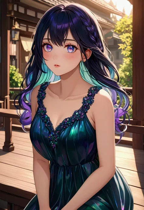 Long dark iridescent hair, iridescent eyes,medium body proportion, casual dress,detailed hair, detailed eyes,detailed body, best quality, high resolution, 8k