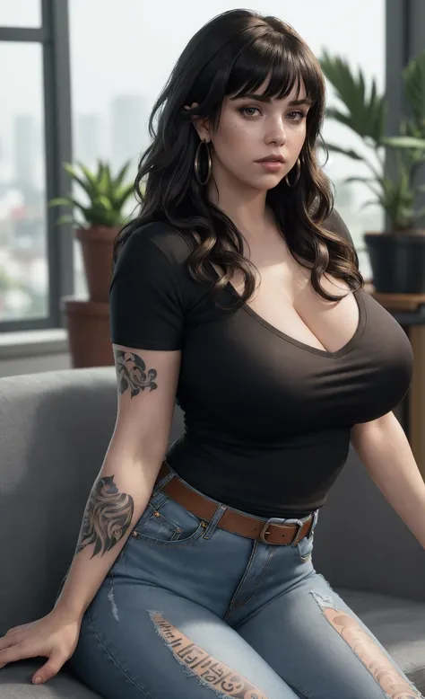 (masterpiece), (extremely intricate:1.3), (realistic), eyebrow piercing, pale skin, wavy brunette hair with bangs and a fringe, portrait of a girl, short and curvy body type, chubby, thick, huge perfect breasts, heaving bosom, thick thighs, the most beauti...