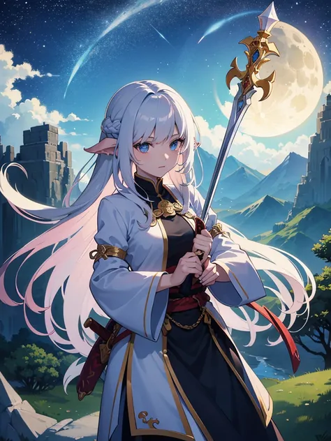 dragon girl, first you, clear hair, with sensual armor, carrying a sword, mountain environment like that of clouds, near a temple, the starry sky with two moons in the sky