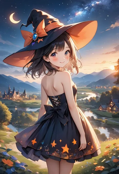 (Highest quality) (Detailed art) ((witch_hat), (black_hat),🌙 🏰🕰️✨**, ((Masterpiece)), ((Top_quality)), ((Ultra_definition)), ((Very_delicate_and_beautiful)), (Cute), (Cute) smiling, Witch_standing, solo, [looking_at_camera, blushing], standing, cowboy_shot...