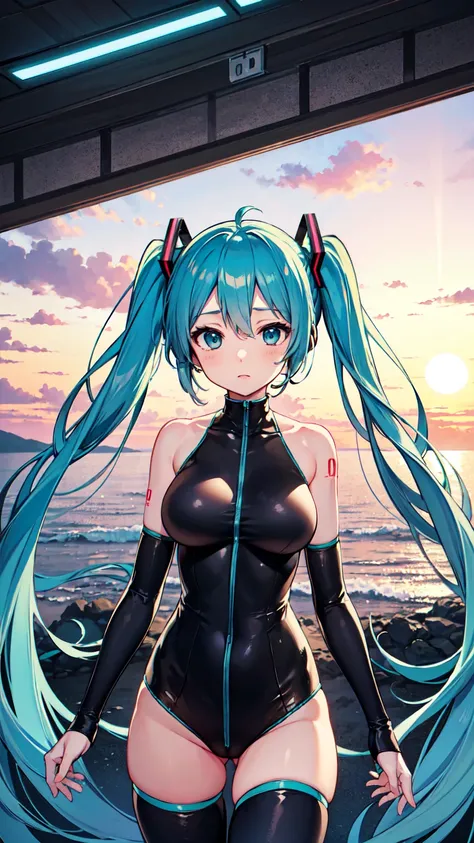 Hatsune Miku VOCALOID、Big Breasts、cyber punk、leotard、black tights、Beautiful anime scene、Beautiful anime scenery、Highest quality、Masterpiece、