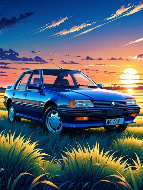 anime landscape of A pearl super deep blue metalic pearl color classic Peugeot 405 Mi16 sport sits in a field of tall grass with a sunset in the background.beautiful anime scene, beautiful anime peace scene, Makoto Shinkai Cyril Rolando, beautiful anime sc...