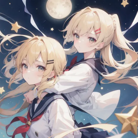 {{high quality}}{{best quality}}, A girl shot, Solo, 1 girl, blonde hair,moons hair clip,White eyes,Tied hair,One ponytail on left side head,Sailor suit,simple background,stars effect