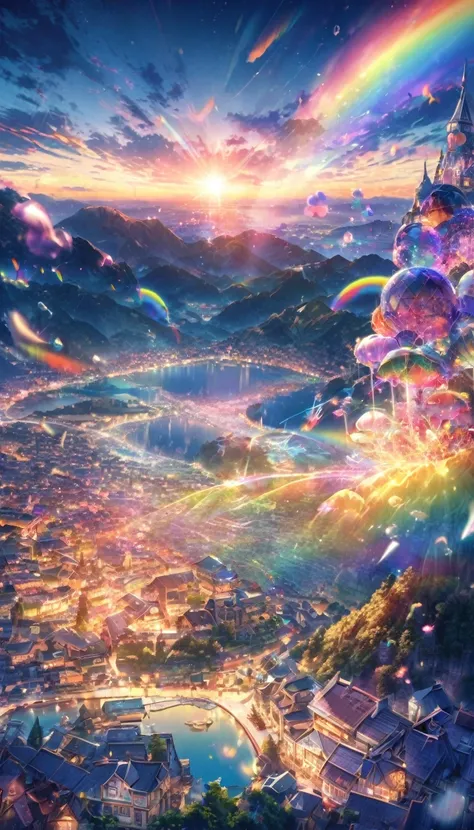 rainbow色の傘、Angel Umbrella, Detailed landscape, sunrise, rainbow, 雨のTown, horizon, In the sky, Town , Lens flare, colorful, An atmosphere full of dreams and hope，masterpiece．16K, Ultra-high resolution, to be born,wonderful ,future、rainbow色の、The world 30 yea...