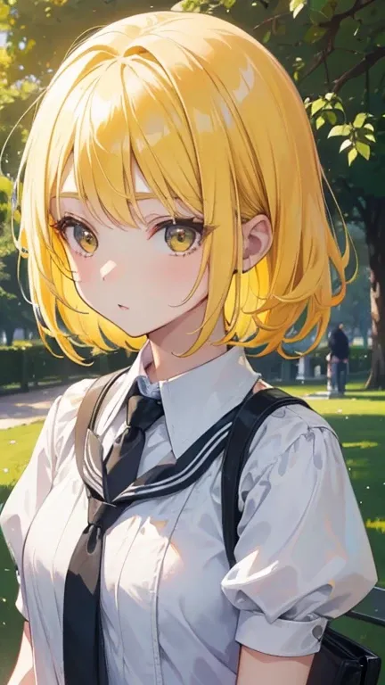 1 girl, yellow hair, in park, ((very high quality)) ((very detailed)) cute expression