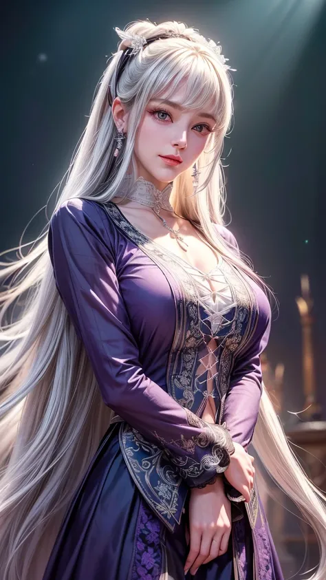 (extremely detailed CG unity 8k wallpaper), (((masterpiece)), ((best quality)), ((extremely delicate and beautiful)), realism, very pretty girl, green eyes, masterpiece, best quality, purple clothes, detailed clothes, details in clothes, very detailed, pur...